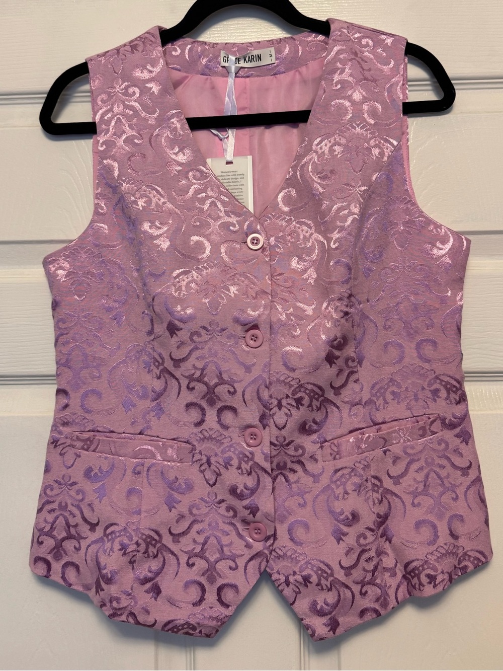 Grace Karin Pink Lavender Brocade Button-Front Vest